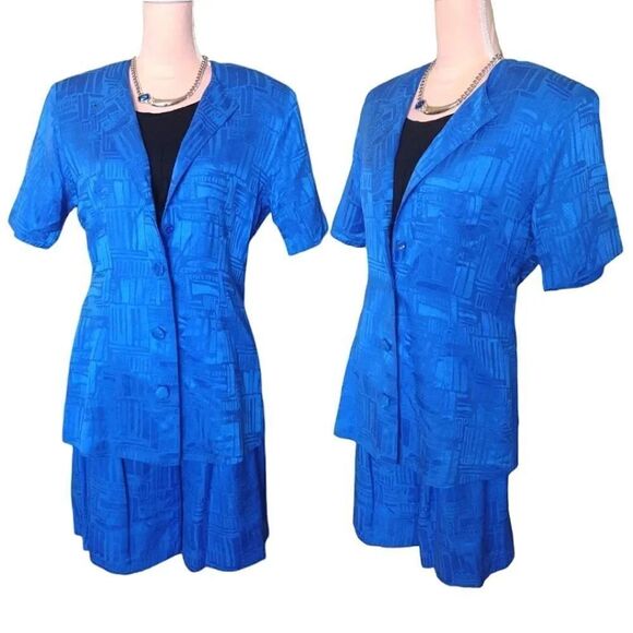 VTG 80s Blue Textured Silk Summer Blazer and High Waist Mom Shorts Set Size 8